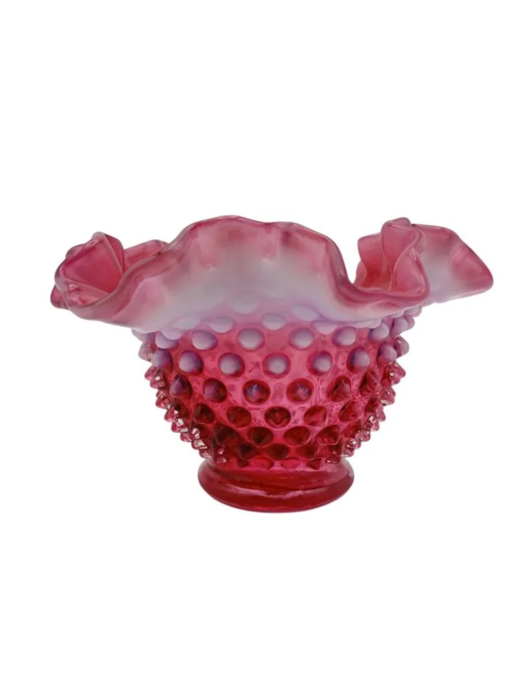 Fenton Cranberry Opalescent Hobnail Bowl Ruffled Art Glass 7